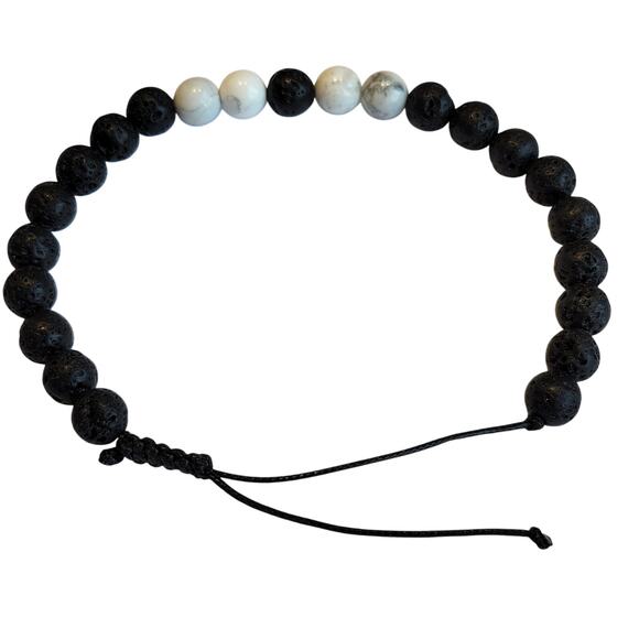 Lava Rock Howlite Bead Bracelet 7-9" Adjustable Unisex Black White, Gift Bag - Picture 9 of 12